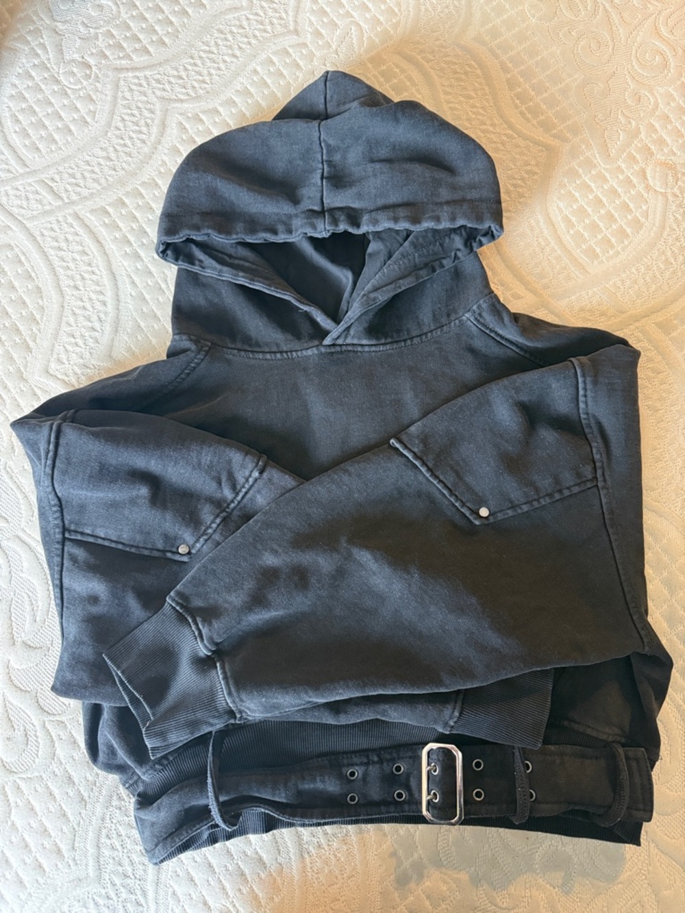 Minga London Cropped Ash Wash Black Hoodie with Belt Detailing